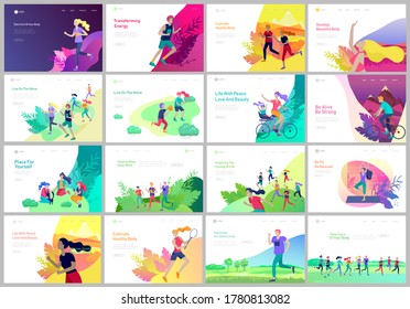 Landing page template with People running, riding bicycles, man doing yoga. People performing sports outdoor activities at park or Nature, healty life style concept. Cartoon illustration