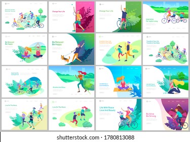 Landing page template with People running, riding bicycles, man doing yoga. People performing sports outdoor activities at park or Nature, healty life style concept. Cartoon illustration