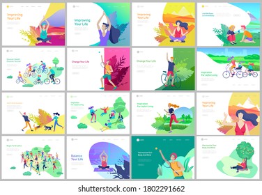 Landing page template with People running, riding bicycles, man doing yoga. People performing sports outdoor activities at park or Nature, healty life style concept. Cartoon illustration