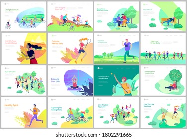 Landing page template with People running, riding bicycles, man doing yoga. People performing sports outdoor activities at park or Nature, healty life style concept. Cartoon illustration