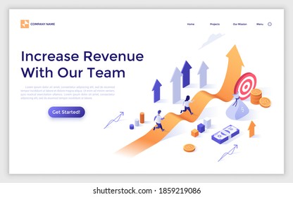 Landing page template with people running along ascending arrow chart and money. Concept of increase in revenue, profit growth, business development. Modern isometric vector illustration for website.