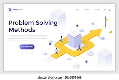 Landing page template with people running along arrow turning around obstacle and leading to finish. Concept of business problem solving method, hurdle overcoming. Isometric vector illustration.