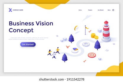 Landing page template with people running on road towards lighthouse. Concept of business vision, strategic planning in entrepreneurship. Modern colorful isometric vector illustration for webpage.