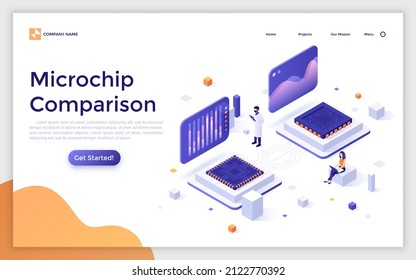 Landing page template with people and screens with microprocessors performance metrics or indicators. Concept of microchip or integrated circuit comparison. Isometric vector illustration for website.