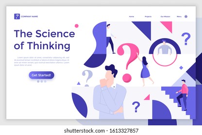 Landing page template with people searching for answers to questions. Concept of science of thinking, contemplation, problem solving, cognitive mental process. Flat vector illustration for website.