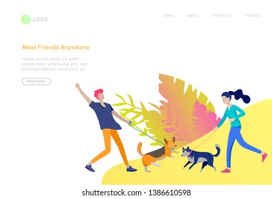 Landing page template with People Spending Time, Relaxing on Nature, man and woman walking dog. Cartoon illustration