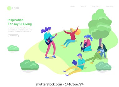 Landing page template with People Spending Time, Relaxing on Nature, group people man and woman friends listen as girl plays guitar at park. Cartoon vector illustration