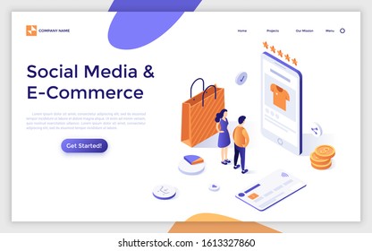 Landing page template with people standing in front of smartphone with online store. Concept of buying goods on social media, e-commerce, app for internet shopping. Isometric vector illustration.