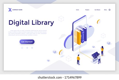 Landing page template with people standing at control panel in front of cloud and smartphone with books inside. Concept of digital library, electronic bookshelf. Modern isometric vector illustration.