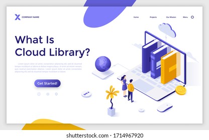 Landing page template with people standing in front of laptop and books. Concept of cloud library, global internet service for textbooks storage, electronic bookshelf. Isometric vector illustration.