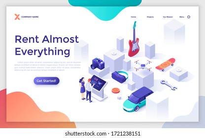 Landing page template with people standing at control panel and choosing property to rent or hire. Concept of online rental or leasing service. Modern isometric vector illustration for website.