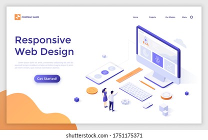 Landing page template with people standing at computer and smartphone. Concept of responsive or adaptive web design, website versions for desktop and mobile devices. Isometric vector illustration.