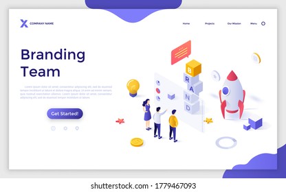 Landing Page Template With People Standing At Screen And Spacecraft. Concept Of Branding Team, Brand Managers Working On Business Project Launch. Modern Isometric Vector Illustration For Website.