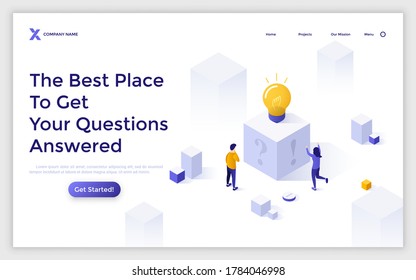Landing page template with people standing at cube with glowing lightbulb on top. Concept of answered question, solved problem, finding innovative idea. Isometric vector illustration for website.