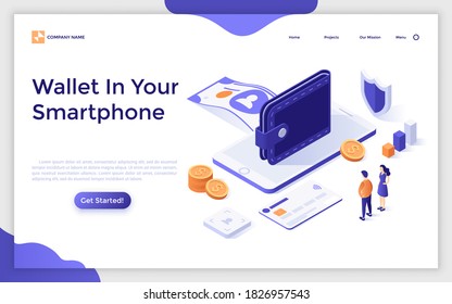 Landing page template with people standing at smartphone with wallet and money on top. Concept of mobile banking application for electronic payment. Modern isometric vector illustration for website.