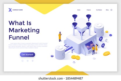 Landing page template with people standing at control panel of industrial machine and monitoring sales indicators. Concept of marketing funnel. Modern isometric vector illustration for website.