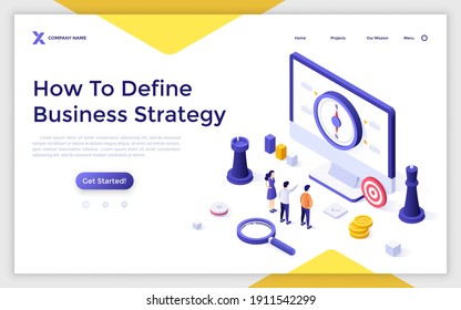 Landing page template with people standing in front of computer display with compass on screen. Concept of business development strategy planning. Modern isometric vector illustration for website.