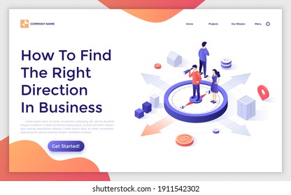 Landing page template with people standing on compass and looking through spotting scope. Concept of search for right direction of business development. Isometric vector illustration for website.