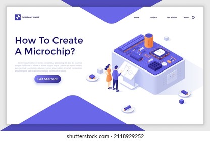 Landing page template with people standing at control panel and creating integrated circuit. Concept of semiconductor microchip production, microcircuit manufacturing. Isometric vector illustration.