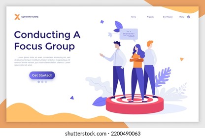 Landing page template with people standing on target. Concept of focus group members, market research participants, public survey for marketing strategy. Modern flat vector illustration for webpage.