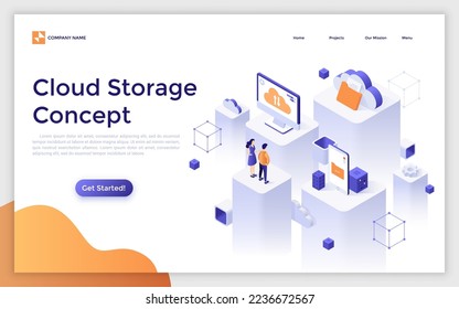 Landing page template with people standing on cubic platforms and looking at computer, smartphone and document folder. Concept of cloud data storage technology. Modern isometric vector illustration.