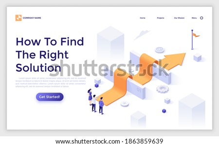 Landing page template with people standing at arrow laid over barriers and leading to finish. Concept of search for right solution, business problem solving. Modern isometric vector illustration.