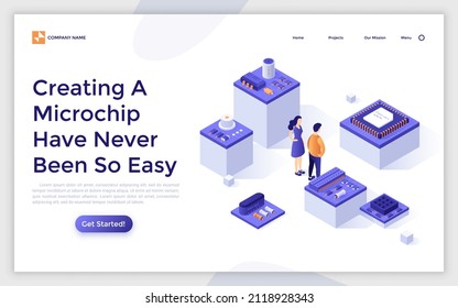 Landing page template with people surrounded by microchips. Concept of innovative microcircuit technology, integrated circuits with semiconductor transistor. Isometric vector illustration for website.
