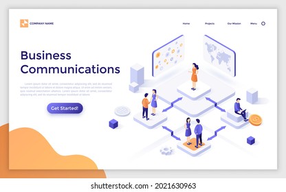 Landing page template with people talking to each other, shaking hands and woman making presentation at world map. Concept of international business communication. Isometric vector illustration.