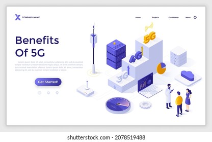 Landing Page Template With People Talking To Scientist, Cell Tower, Laptop. Concept Of Benefits Of Fifth Generation Technology, Comparison Of 3G, 4G And 5G Standards. Isometric Vector Illustration.