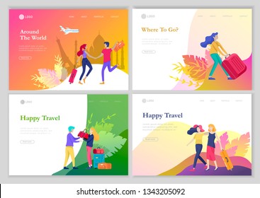 landing page template with people travel on vacation. Tourists with laggage travelling with family, friends and alone, go on journey. Time to happy travel. Vector illustration cartoon style