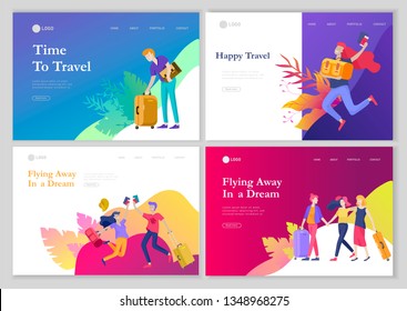 landing page template with people travel on vacation. Tourists with laggage travelling with family, friends and alone, go on journey. Time to happy travel. Vector illustration cartoon style