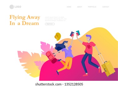 landing page template with people travel on vacation. Tourists with laggage travelling with family, friends and alone, go on journey. Time to happy travel. Vector illustration cartoon style