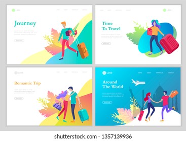 landing page template with people travel on vacation. Tourists with laggage travelling with family, friends and alone, go on journey. Time to happy travel. Vector illustration cartoon style