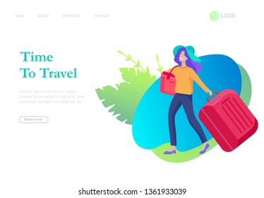 landing page template with people travel on vacation. Tourists with laggage travelling with family, friends and alone, go on journey. Time to happy travel. Vector illustration cartoon style
