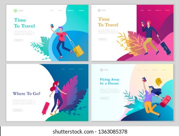 landing page template with people travel on vacation. Tourists with laggage travelling with family, friends and alone, go on journey. Time to happy travel. Vector illustration cartoon style