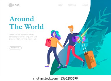 landing page template with people travel on vacation. Tourists with laggage travelling with family, friends and alone, go on journey. Time to happy travel. Vector illustration cartoon style