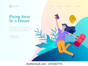 landing page template with people travel on vacation. Tourists with laggage travelling with family, friends and alone, go on journey. Time to happy travel. Vector illustration cartoon style