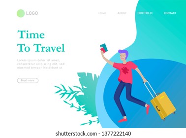 landing page template with people travel on vacation. Tourists with laggage travelling with family, friends and alone, go on journey. Time to happy travel. Vector illustration cartoon style