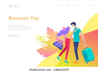 landing page template with people travel on vacation. Tourists with laggage travelling with family, friends and alone, go on journey. Time to happy travel. Vector illustration cartoon style