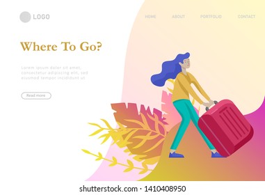 landing page template with people travel on vacation. Tourists with laggage travelling with family, friends and alone, go on journey. Time to happy travel. Vector illustration cartoon style