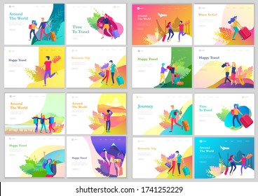 landing page template with people travel on vacation. Tourists with laggage travelling with family, friends and alone, go on journey. Time to happy travel. Vector illustration cartoon style