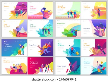 landing page template with people travel on vacation. Tourists with laggage travelling with family, friends and alone, go on journey. Time to happy travel. Vector illustration cartoon style