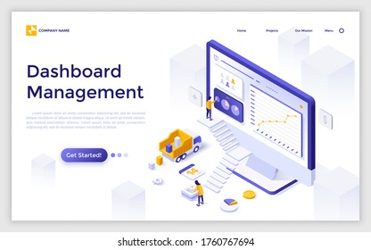 Landing page template with people using screen of giant computer for business project planning. Concept of dashboard management, effective scheduling. Modern isometric vector illustration for website.