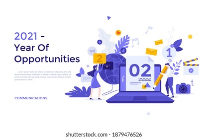 Landing page template with people using laptop computer to communicate. Concept of 2021 as year of opportunities for online communication, messaging or chat apps. Flat vector illustration for website.