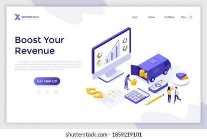 Landing page template with people, van full of coins and progress chart on computer screen. Concept of revenue boost, increase in company finance, profit growth. Modern isometric vector illustration.