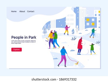 Landing page template with people walk in winter city park, parents walk with children and have fun outdoor.  Vector concept for web design, flyer, poster, banner, holiday background