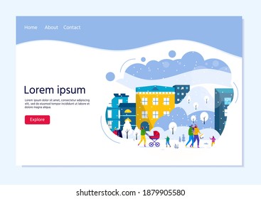 Landing page template with people walk in winter city park, parents walk with children and have fun outdoor. Vector for web design, flyer, poster, banner, holiday background