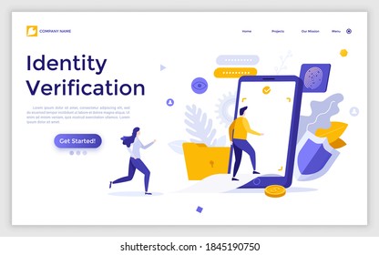 Landing page template with people walking into screen of smartphone. Concept of mobile technology for identity verification, authentication. Modern colorful isometric vector illustration for website.