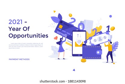 Landing page template with people, wallet full of cash money and bank cards, smartphone. Concept of 2021 as year of opportunities for payment methods. Modern flat vector illustration for website.