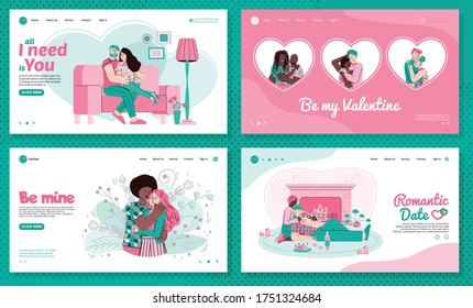A landing page template with people who love and hug each other. Lovers celebrate Valentine's Day or a romantic date. Vector linear illustrations with hugging couples for web design.